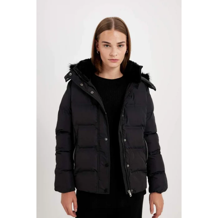 C9523 Su İtici Puffer Şişme Mont Kapüşonlu Fermuar Çıtçıt Kapmalı Cepli