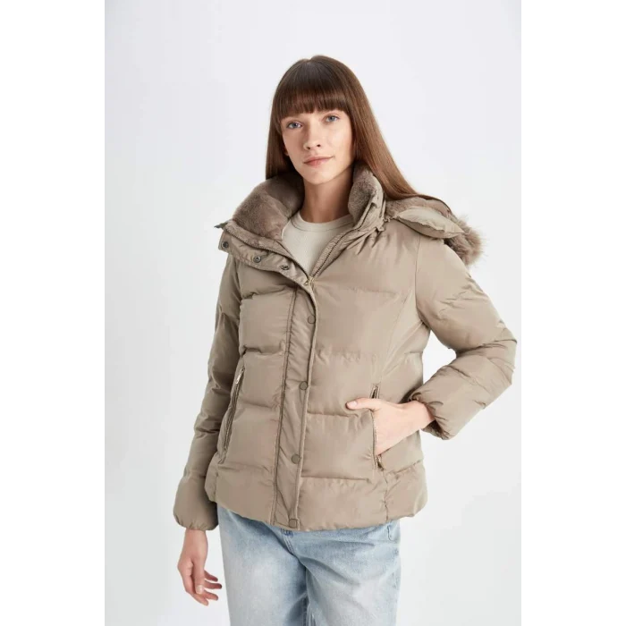 C9523 Su İtici Puffer Şişme Mont Kapüşonlu Fermuar Çıtçıt Kapmalı Cepli