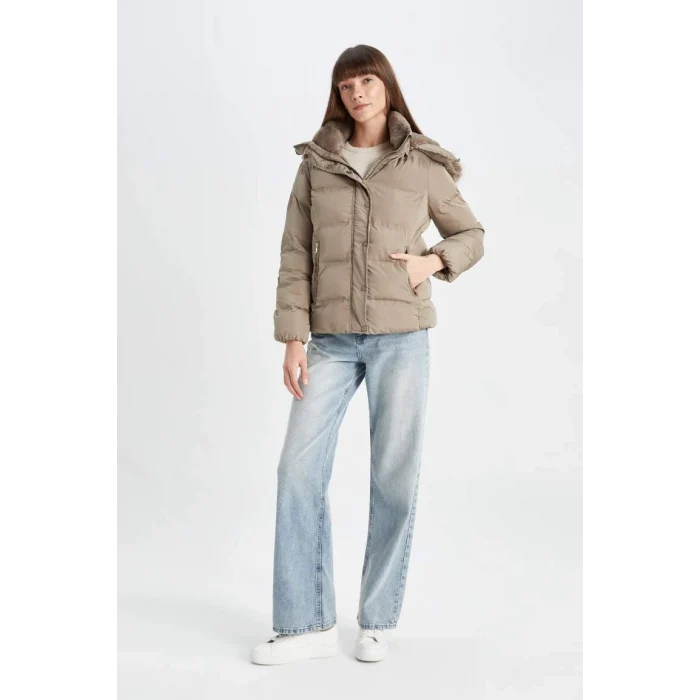 C9523 Su İtici Puffer Şişme Mont Kapüşonlu Fermuar Çıtçıt Kapmalı Cepli