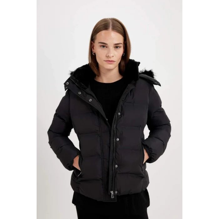 C9523 Su İtici Puffer Şişme Mont Kapüşonlu Fermuar Çıtçıt Kapmalı Cepli