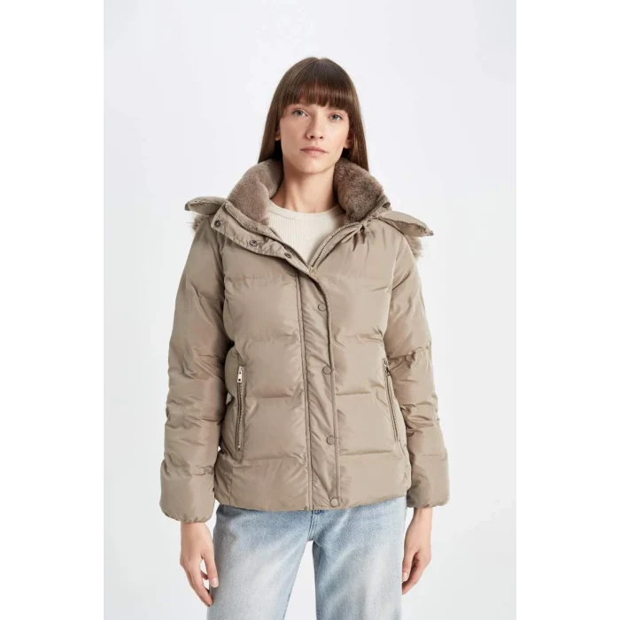 C9523 Su İtici Puffer Şişme Mont Kapüşonlu Fermuar Çıtçıt Kapmalı Cepli