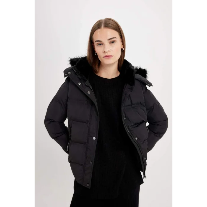 C9523 Su İtici Puffer Şişme Mont Kapüşonlu Fermuar Çıtçıt Kapmalı Cepli