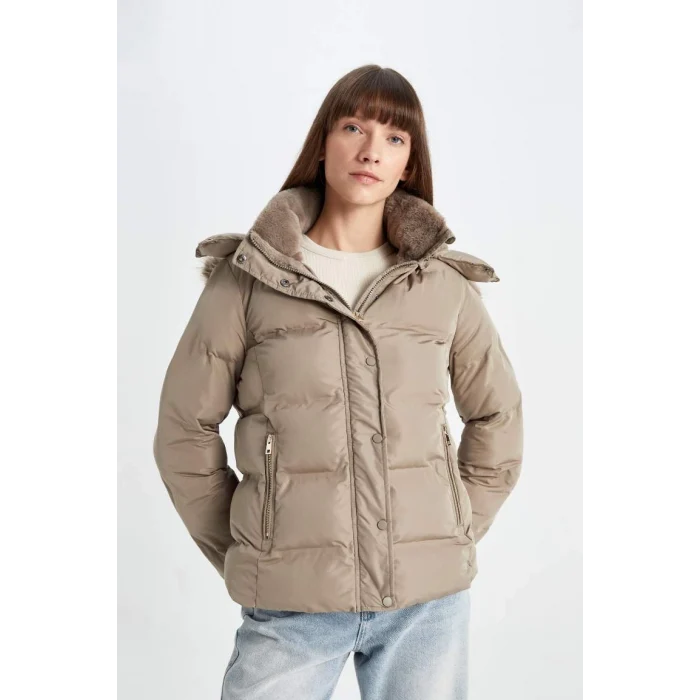 C9523 Su İtici Puffer Şişme Mont Kapüşonlu Fermuar Çıtçıt Kapmalı Cepli