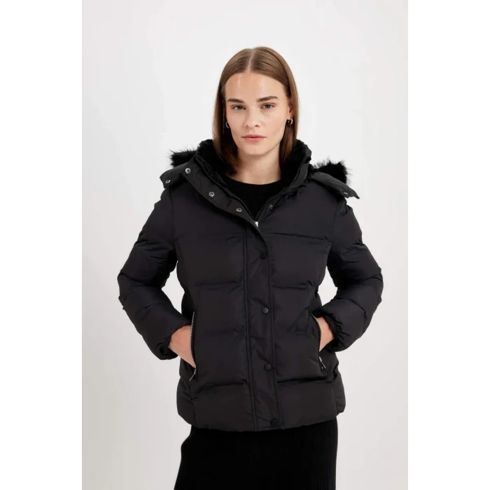 C9523 Su İtici Puffer Şişme Mont Kapüşonlu Fermuar Çıtçıt Kapmalı Cepli