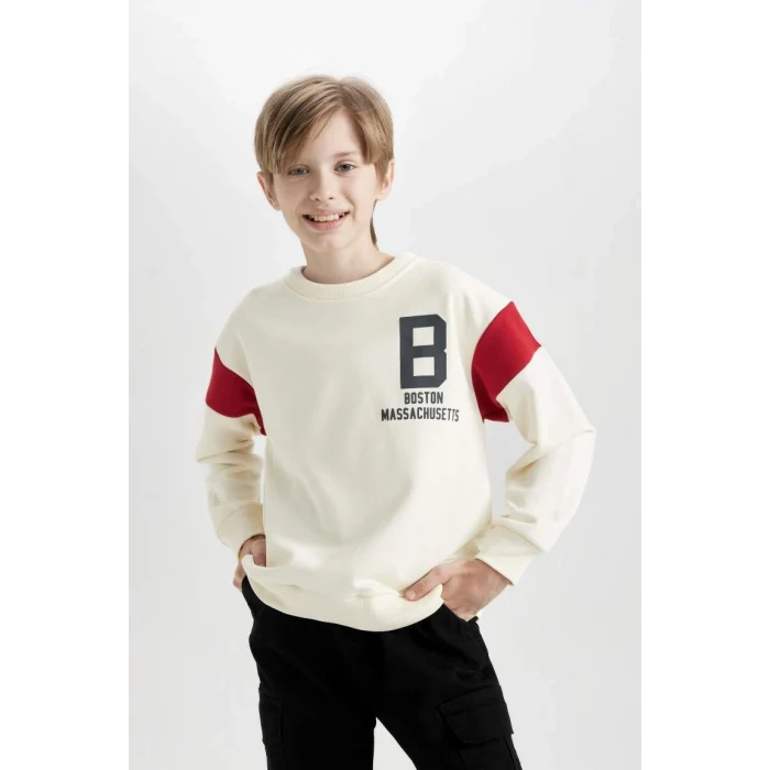 C9796 Bisiklet Yaka Baskılı Kalın Sweatshirt