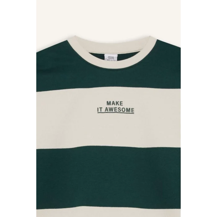 C9802 Oversize Geniş Kalıp Bisiklet Yaka Çizgili Baskılı Kalın Sweatshirt