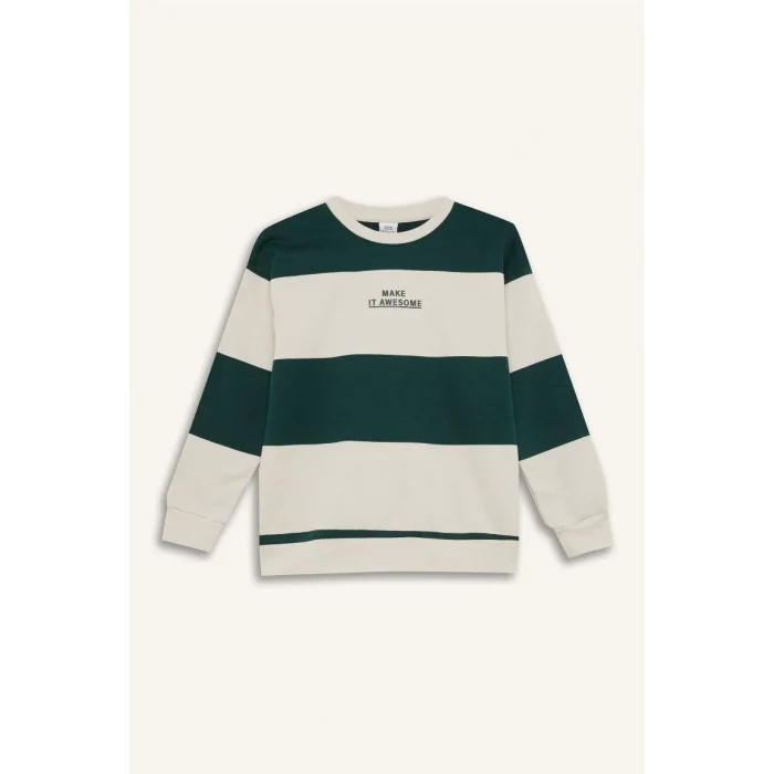 C9802 Oversize Geniş Kalıp Bisiklet Yaka Çizgili Baskılı Kalın Sweatshirt