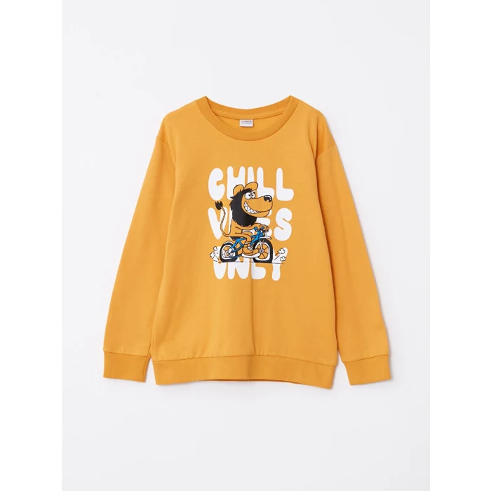 LCW Kids Sarı Bisiklet Yaka Baskılı Uzun Kollu Erkek Çocuk Sweatshirt