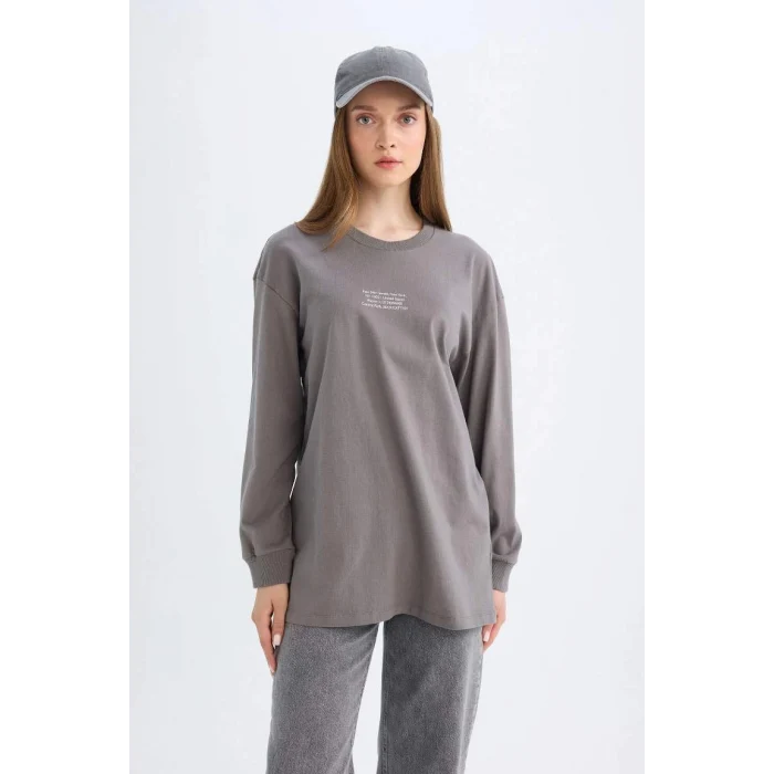 D0391 Regular Fit Baskılı Uzun Kollu Tişört Tunik