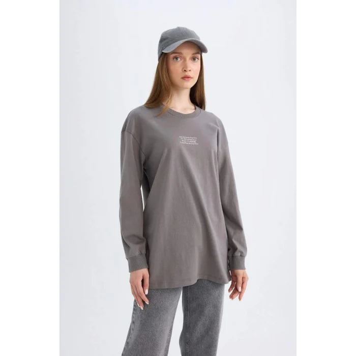 D0391 Regular Fit Baskılı Uzun Kollu Tişört Tunik