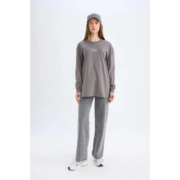 D0391 Regular Fit Baskılı Uzun Kollu Tişört Tunik