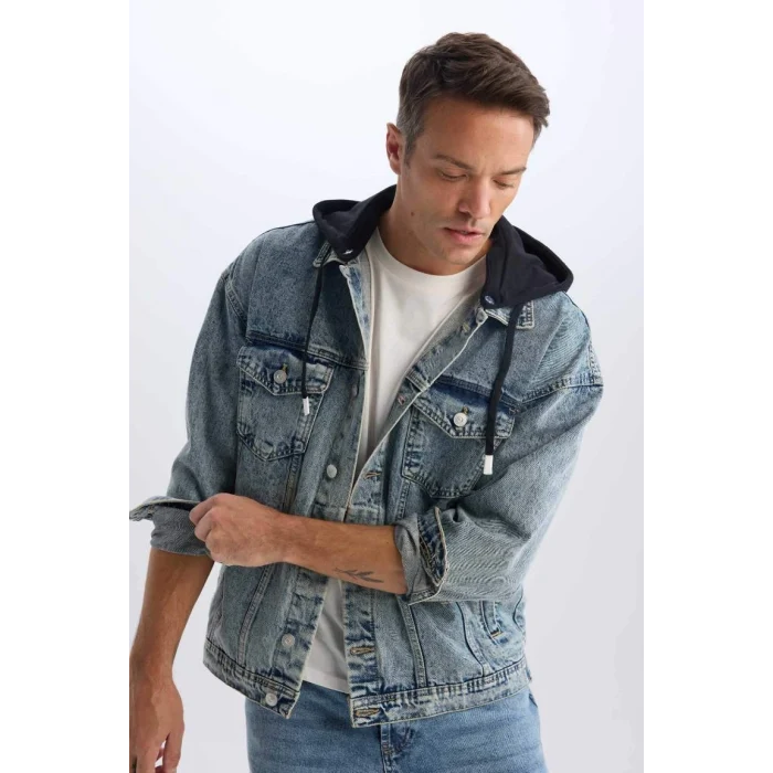 D0417 Oversize Geniş Kalıp Kapüşonlu Düğmeli Jean Ceket