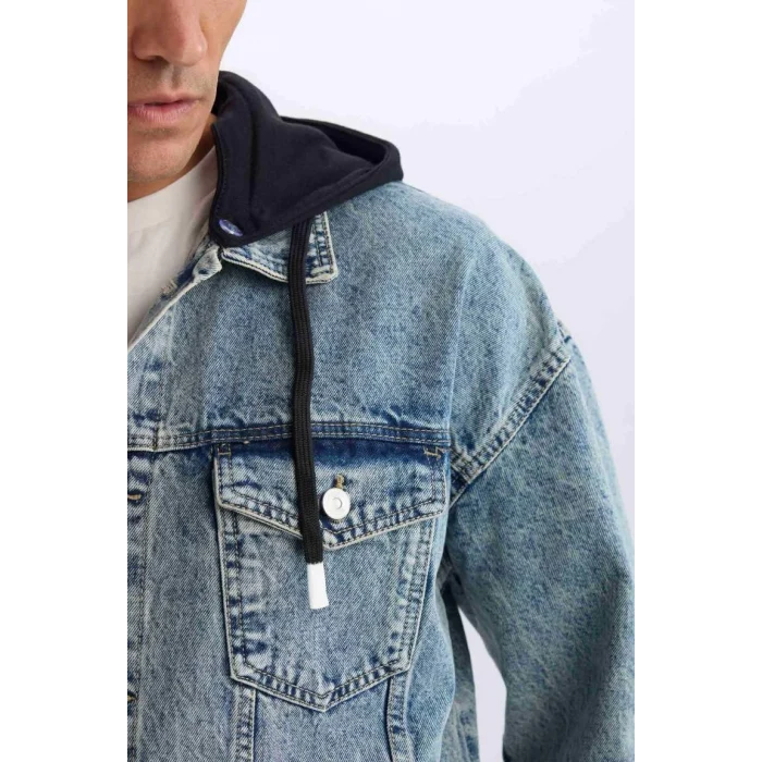 D0417 Oversize Geniş Kalıp Kapüşonlu Düğmeli Jean Ceket