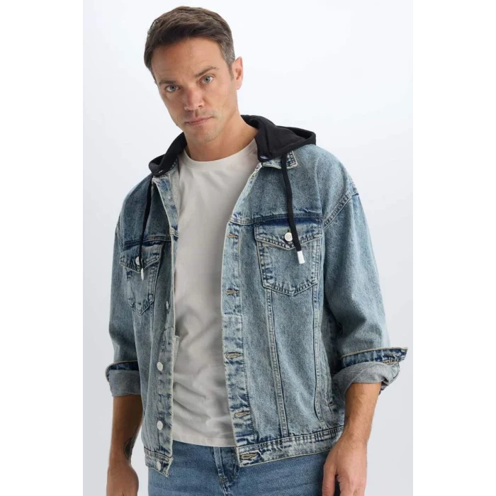D0417 Oversize Geniş Kalıp Kapüşonlu Düğmeli Jean Ceket