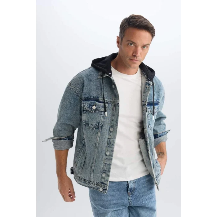 D0417 Oversize Geniş Kalıp Kapüşonlu Düğmeli Jean Ceket
