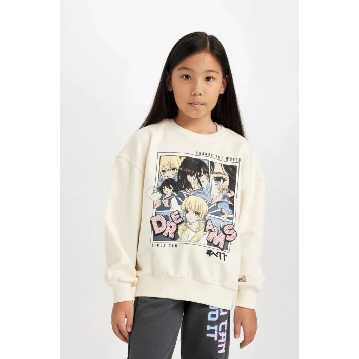 D0611 Oversize Geniş Kalıp Bisiklet Yaka Baskılı Sweatshirt