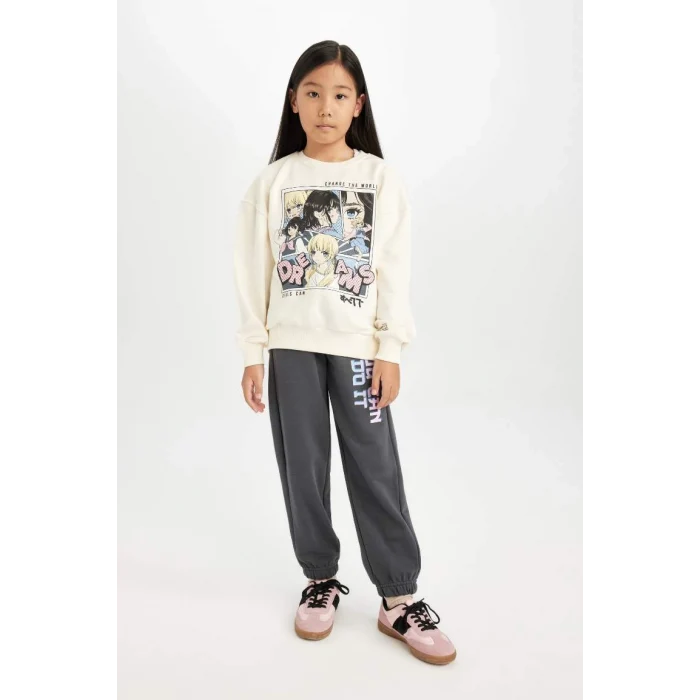 D0611 Oversize Geniş Kalıp Bisiklet Yaka Baskılı Sweatshirt