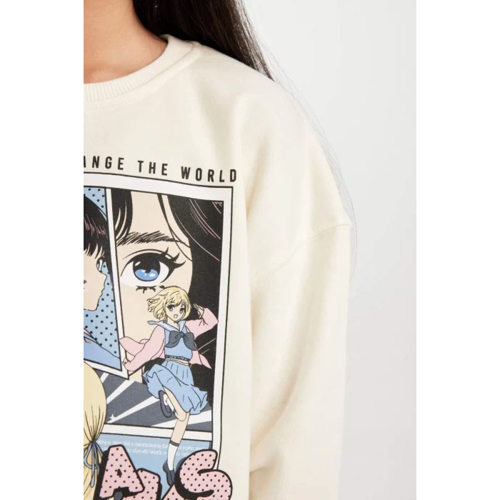 D0611 Oversize Geniş Kalıp Bisiklet Yaka Baskılı Sweatshirt