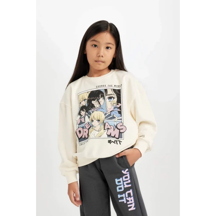 D0611 Oversize Geniş Kalıp Bisiklet Yaka Baskılı Sweatshirt