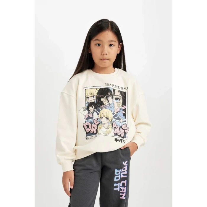 D0611 Oversize Geniş Kalıp Bisiklet Yaka Baskılı Sweatshirt