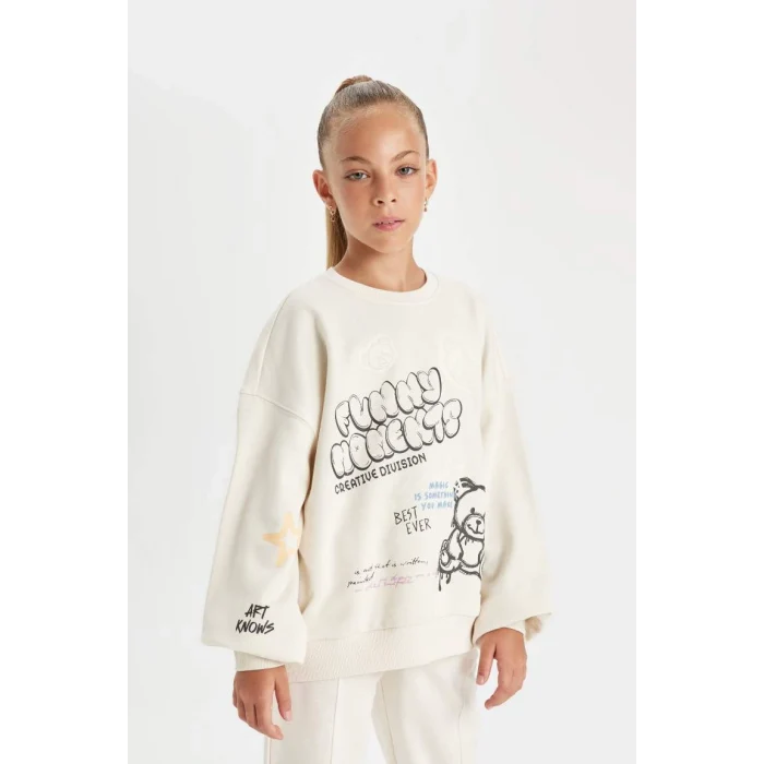 D0612 Oversize Fit Bisiklet Yaka Baskılı Sweatshirt