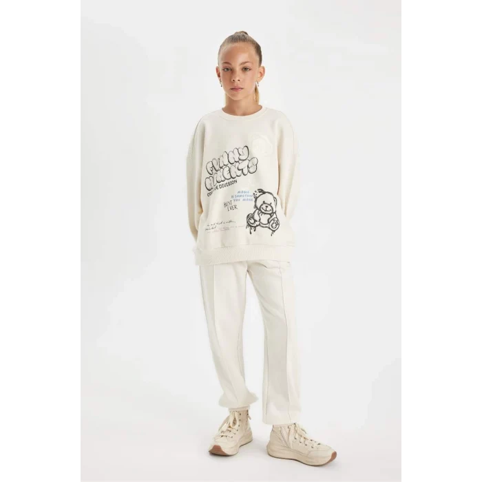 D0612 Oversize Fit Bisiklet Yaka Baskılı Sweatshirt