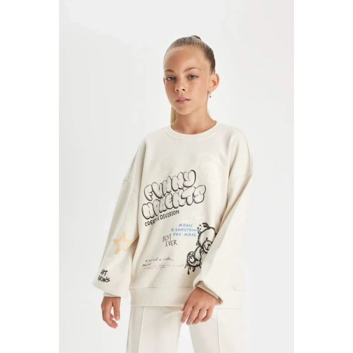 D0612 Oversize Fit Bisiklet Yaka Baskılı Sweatshirt