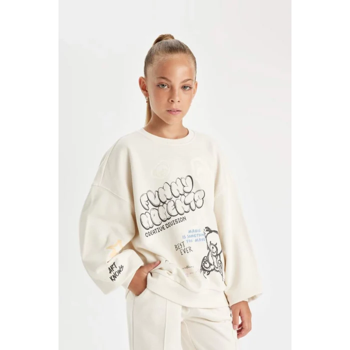 D0612 Oversize Fit Bisiklet Yaka Baskılı Sweatshirt