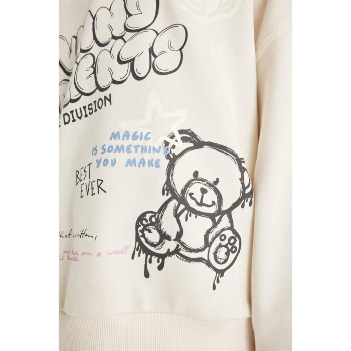 D0612 Oversize Fit Bisiklet Yaka Baskılı Sweatshirt