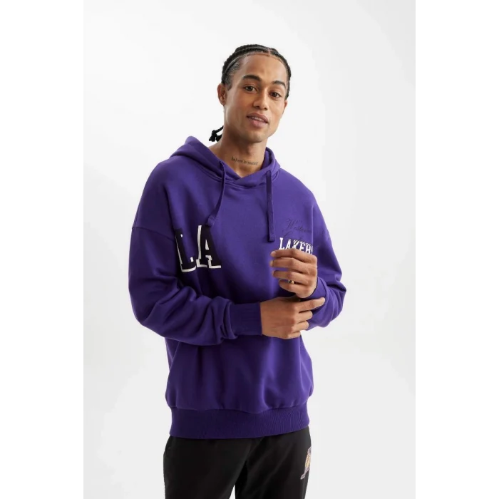 D0671 DeFactoFit NBA Los Angeles Lakers Oversize Geniş Kalıp Kapüşonlu Sırt Baskılı Sweatshirt