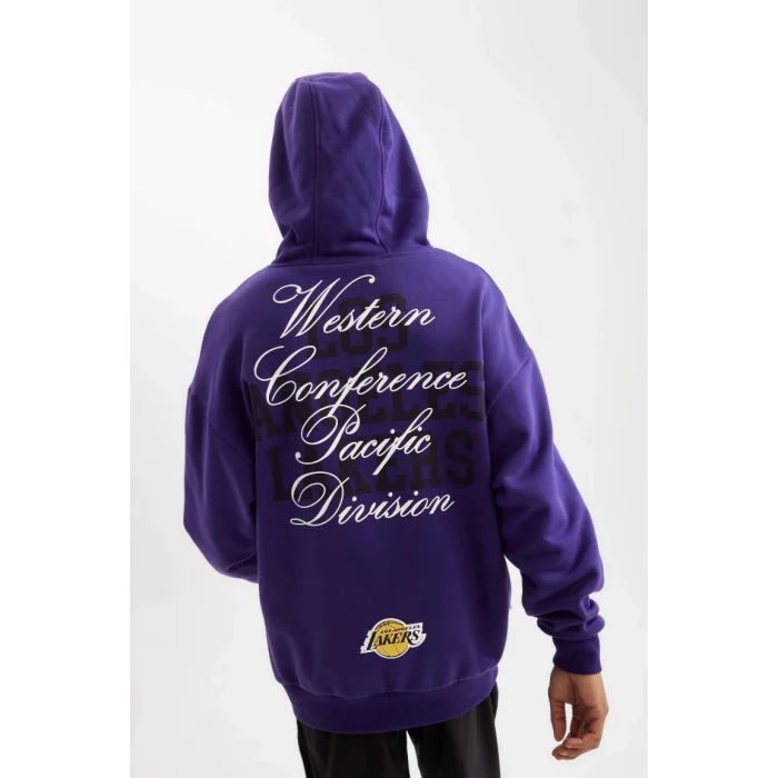 D0671 DeFactoFit NBA Los Angeles Lakers Oversize Geniş Kalıp Kapüşonlu Sırt Baskılı Sweatshirt