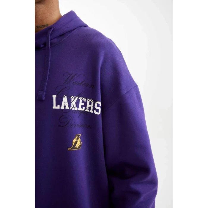 D0671 DeFactoFit NBA Los Angeles Lakers Oversize Geniş Kalıp Kapüşonlu Sırt Baskılı Sweatshirt