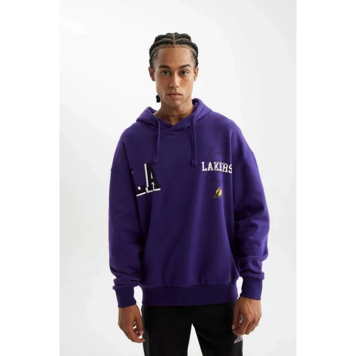 D0671 DeFactoFit NBA Los Angeles Lakers Oversize Geniş Kalıp Kapüşonlu Sırt Baskılı Sweatshirt