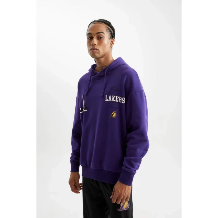 D0671 DeFactoFit NBA Los Angeles Lakers Oversize Geniş Kalıp Kapüşonlu Sırt Baskılı Sweatshirt