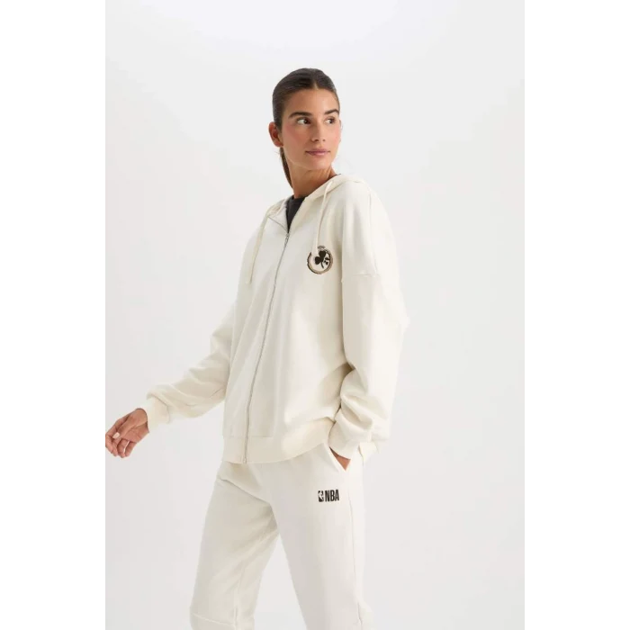 D0691 DeFactoFit NBA Boston Celtics Oversize Geniş Kalıp Kapüşonlu Sırt Baskılı Kalın Fermuarlı Sweatshirt