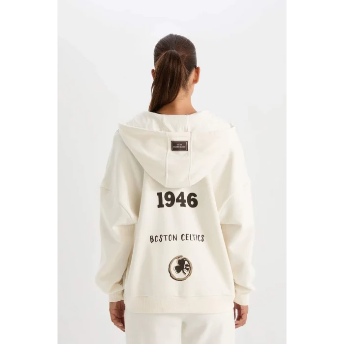 D0691 DeFactoFit NBA Boston Celtics Oversize Geniş Kalıp Kapüşonlu Sırt Baskılı Kalın Fermuarlı Sweatshirt