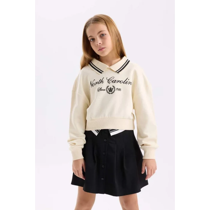 D0702 Relax Fit Polo Yaka Slogan Baskılı Sweatshirt