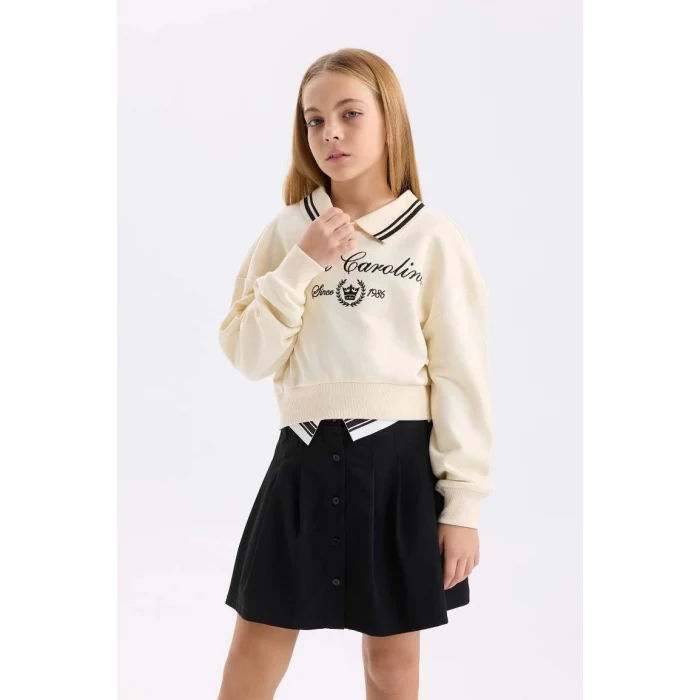 D0702 Relax Fit Polo Yaka Slogan Baskılı Sweatshirt