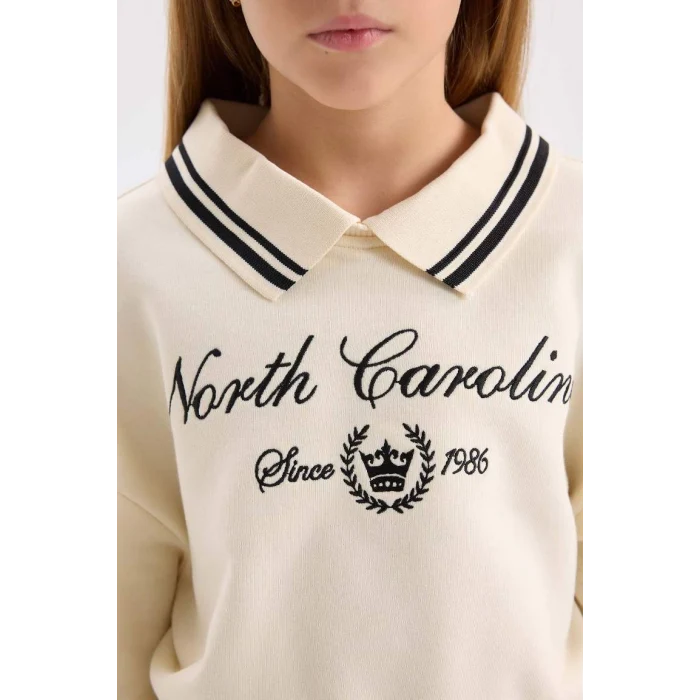 D0702 Relax Fit Polo Yaka Slogan Baskılı Sweatshirt