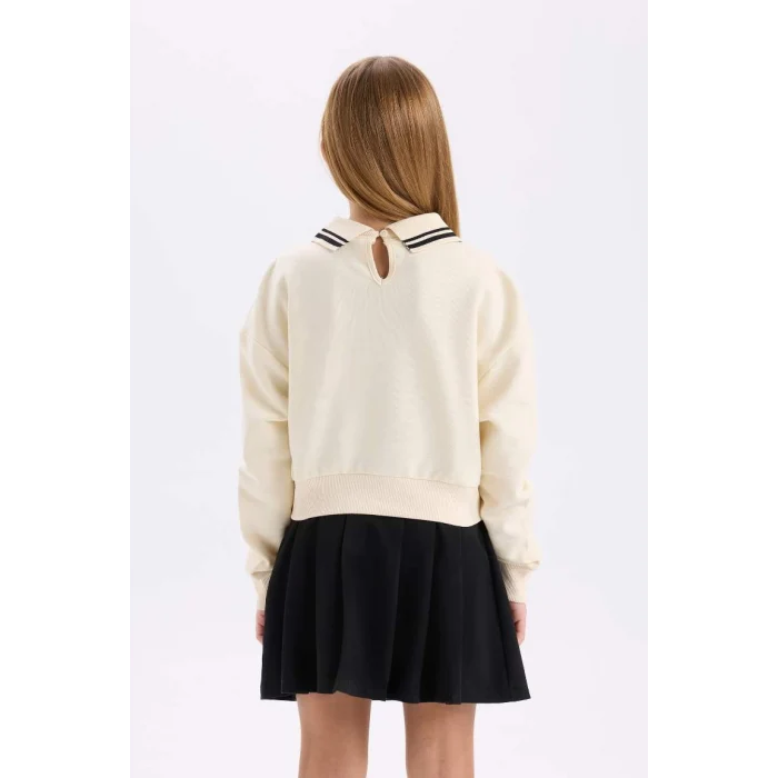 D0702 Relax Fit Polo Yaka Slogan Baskılı Sweatshirt