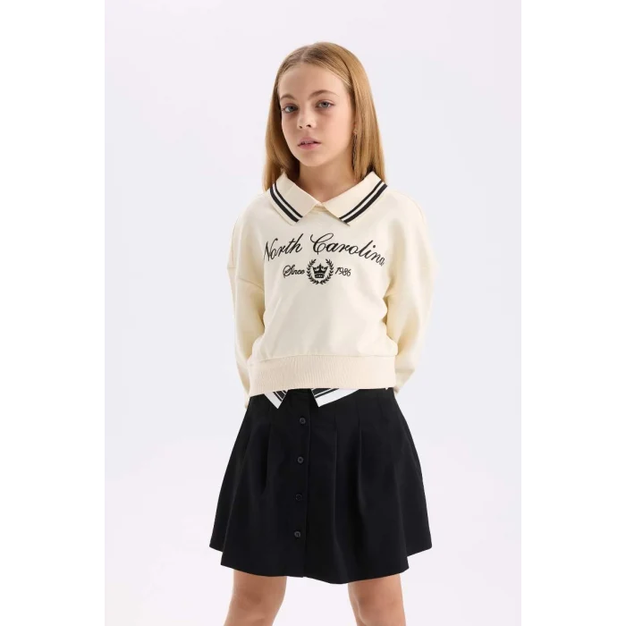 D0702 Relax Fit Polo Yaka Slogan Baskılı Sweatshirt