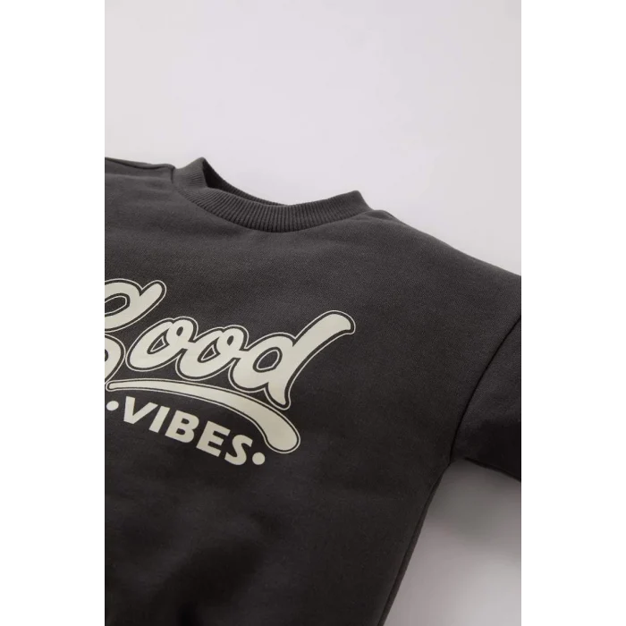 D0724 2li Takım Bisiklet Yaka Baskılı Sweatshirt Beli Lastikli Eşofman Altı