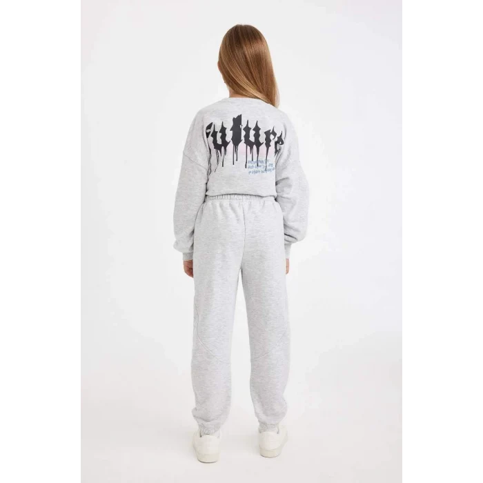 D0733 Baskılı Beli Paçası Lastikli Gri Jogger Eşofman Altı