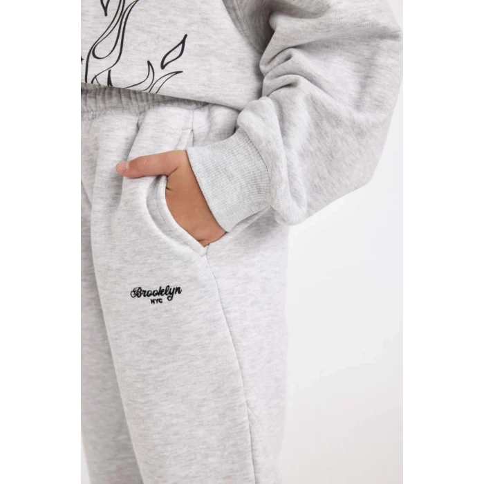 D0733 Baskılı Beli Paçası Lastikli Gri Jogger Eşofman Altı