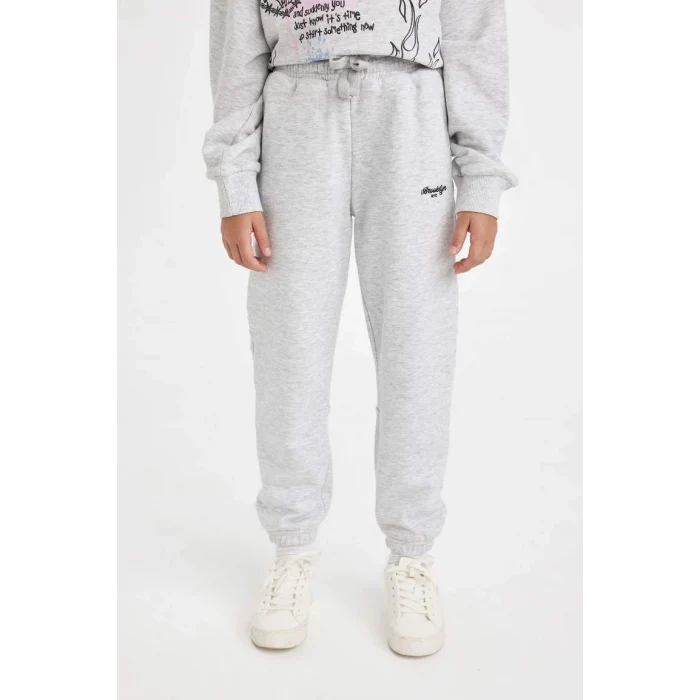 D0733 Baskılı Beli Paçası Lastikli Gri Jogger Eşofman Altı