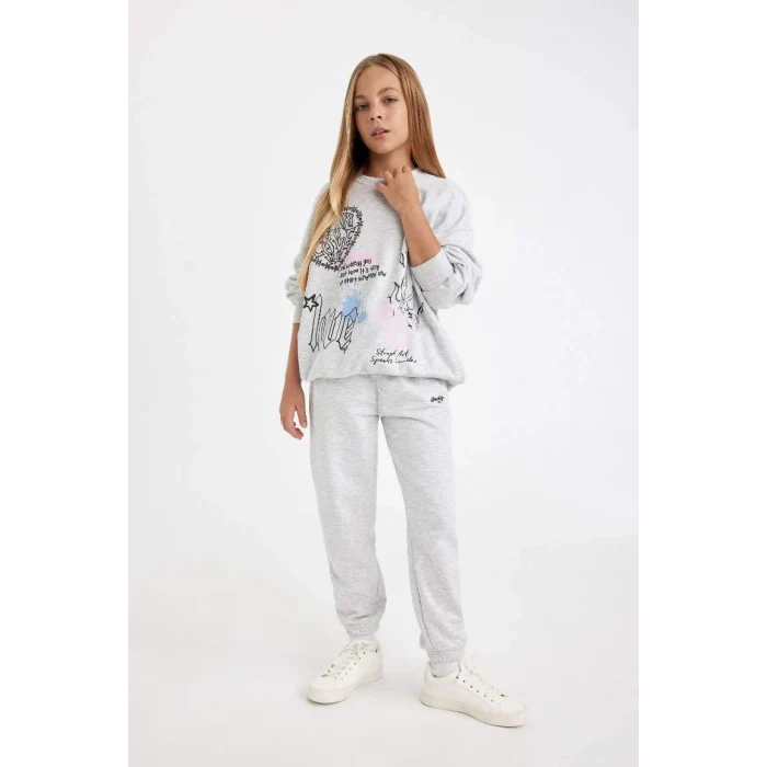 D0733 Baskılı Beli Paçası Lastikli Gri Jogger Eşofman Altı