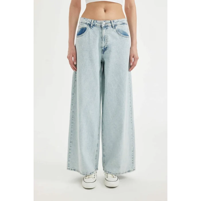 D0847 Palazzo Yüksek Bel Jean Yıkamalı Pantolon