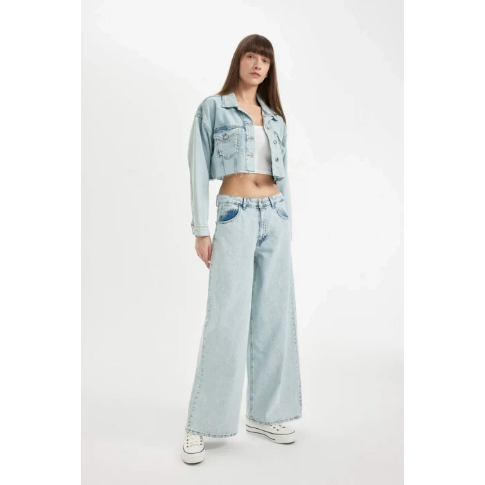 D0847 Palazzo Yüksek Bel Jean Yıkamalı Pantolon