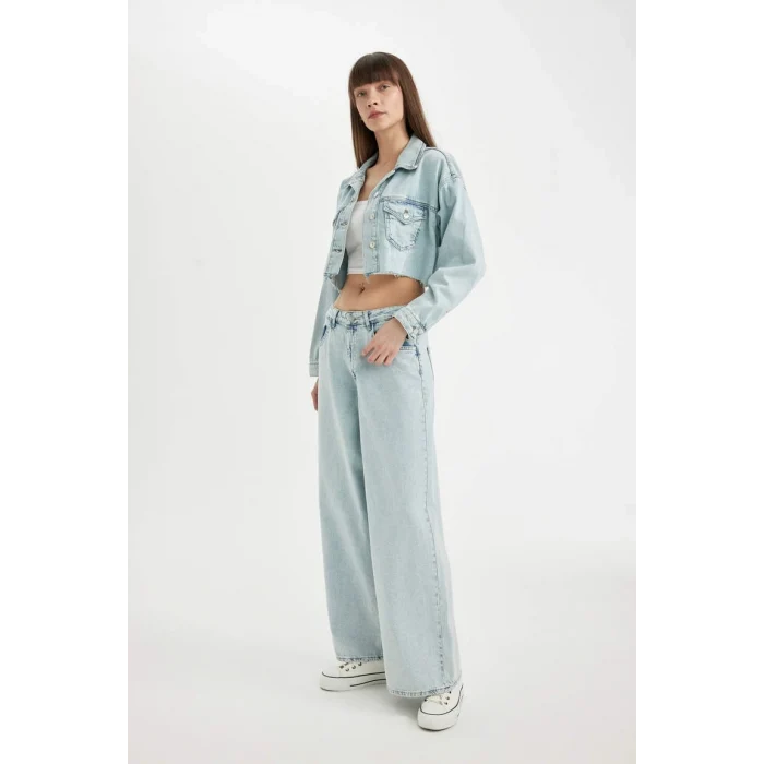 D0847 Palazzo Yüksek Bel Jean Yıkamalı Pantolon