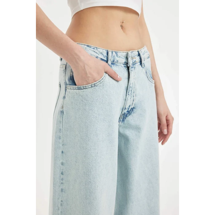D0847 Palazzo Yüksek Bel Jean Yıkamalı Pantolon